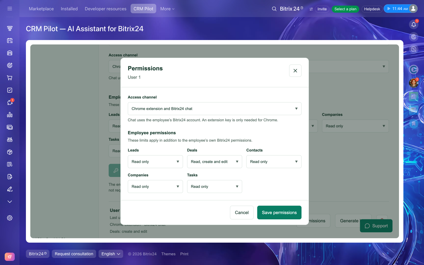 CRM Pilot employee permissions dialog showing separate access levels for leads, deals, contacts, companies and tasks